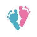 Baby shower greeting card. Baby foot prints. Blue colored and pink colored foot prints