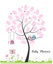 Baby shower greeting card. Baby girl. Baby owl. Owl family with made of finger prints tree vector illustration