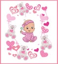 Baby shower greeting card.Baby girl.Baptism invitation. Newborn card design.