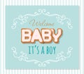 Baby shower greeting card for boys. Elegant frame with sweet letters on pastel blue and beige colors.