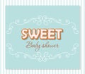 Baby shower greeting card for boys. Elegant frame with sweet letters on pastel blue and beige colors. Royalty Free Stock Photo