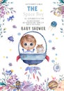 Baby Shower greeting card with Cartoon cosmic baby boy and floral background frame. Hand drawn watercolor illustration isolated Royalty Free Stock Photo