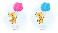 Baby Shower greeting card with cute little giraffe flying on balloon. Funny cartoon character. It`s a boy. It`s a girl. Bright Royalty Free Stock Photo