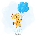 Baby Shower greeting card with cute little giraffe flying on blue balloons. Funny cartoon character with phrase Royalty Free Stock Photo