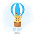 Baby Shower greeting card with cute little giraffe flying on blue hot air balloon. Funny magic unicorn cartoon character with Royalty Free Stock Photo