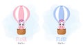 Baby Shower greeting card with cute magic unicorn flying on hot air balloon. Funny magic unicorn cartoon character. It`s a boy. I Royalty Free Stock Photo