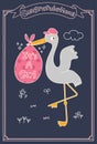 It`s A Girl Stork Special Delivery. Baby Shower Announcement Card. Vector Illustration.