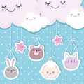 Baby shower cute animals faces clouds stars cartoon Royalty Free Stock Photo