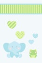 Baby shower - happy blue elephant and green frog celebrate love under heart and ribbon