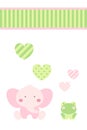 Baby shower - happy pink elephant and green frog celebrate love under heart and ribbon