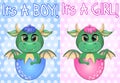 Baby shower horizontal banner with little cute dinosaurs, clouds and stars