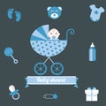 Baby shower icons set. boy blue Royalty Free Stock Photo