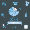 Baby shower icons set. boy blue