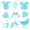 Baby shower illustration with cute blue baby owl, baby tools, and love