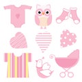 Baby shower illustration with cute pink baby owl, baby tools, and love