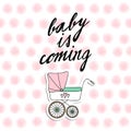 Baby shower invitation, birthday card with baby carriage and watercolor dots, vecto Royalty Free Stock Photo