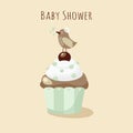 Baby shower invitation, birthday card with bird, cupcake Royalty Free Stock Photo