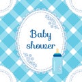 Baby shower invitation card. Baby boy arrival, shower, greeting, announcement card with milk bottle. Vector illustration, postcard Royalty Free Stock Photo