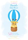 Baby Shower invitation card template with cute little giraffe flying on hot air balloon. Funny cartoon character. It`s a boy. Royalty Free Stock Photo