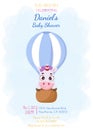 Baby Shower invitation card template with cute magic unicorn flying on hot air balloon. Funny magic unicorn cartoon character. It Royalty Free Stock Photo