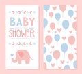 Baby Shower Invitation Card Template, Front and Back Side, Lovely Elephant and Balloons, Baby Arrival Banner, Poster