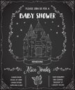 Baby shower invitation with castle, fairy, roses and butterflies.