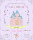 Baby shower invitation with castle, fairy, roses and butterflies. Fairy tale theme.