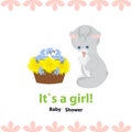 Baby shower invitation with cute gray kitten and basket