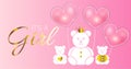 Baby Shower Invitation Design. Pink It`s a Girl Vector Illustration with Gold Bears and Heart Balloons Royalty Free Stock Photo