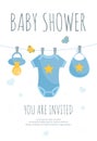 Baby shower invitation in flat vector illustration - vertical banner with blue babysuit, bib and pacifier.