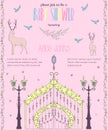 Baby shower invitation with gate, mirror, lantern, deers, birds and butterflies. Fairy tale theme.