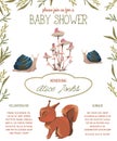 Baby shower invitation with little squirrel, snails, mushrooms and leaves. Cute cartoon characters.