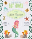 Baby shower invitation with mermaid, marine plants and animals. Cartoon sea flora and fauna in watercolor style.