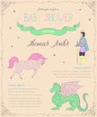 Baby shower invitation with prince, dragon, horse and butterflies. Fairy tale theme.
