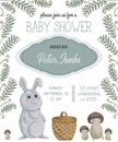 Baby shower invitation with rabbit, basket, mushrooms, flowers, leaves and fern.