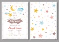 Baby shower invitation template for baby girls boys Cute sky stars cloud moon Set 2 cards Vector