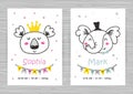 Baby shower invitation templates with koala and elephant for girl and boy. Royalty Free Stock Photo