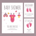 Baby shower invitation vector illustration set in flat style - vertical banners with pink toddler toys and clothing.