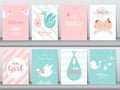 Baby shower invitations cards with babies boy and girl,cute design, poster,template,storks,Vector illustrations.