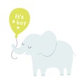 Baby shower its a boy poster or invitation. Elephant with a green balloon. Cute vector illustration. Royalty Free Stock Photo