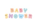 Baby shower. Kawaii bold colorful letters. Cute stickers emoticons.