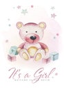 Baby shower kid bear watercolor girl design elements. Set of baby pink birthday illustration. Newborn bears party