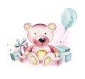 Baby shower kid bear watercolor girl design elements. Set of baby pink birthday illustration. Newborn party invitation