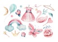 Baby shower kid swan watercolor girl design butterfly cartoon elements. Set of baby pink dress and baby`s bootees