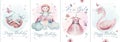 Baby shower kid swan watercolor girl design butterfly cartoon elements. Set of baby pink dress and baby's bootees