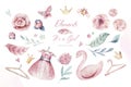 Baby shower kid swan watercolor girl design cartoon elements. Set of baby pink birthday balloon toy dress illustration Royalty Free Stock Photo