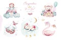 Baby shower kid swan watercolor girl design cartoon elements. Set of baby pink birthday illustration. Newborn party