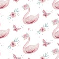 Baby shower kid swan watercolor girl seamless pattern butterfly cartoon elements. Set of baby pink dress and baby`s Royalty Free Stock Photo