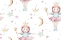 Baby shower kid swan watercolor girl seamless pattern butterfly cartoon elements. Set of baby pink dress and baby`s