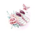 Baby shower kid watercolor girl boots design butterfly cartoon elements. Set of baby pink dress and baby`s bootees